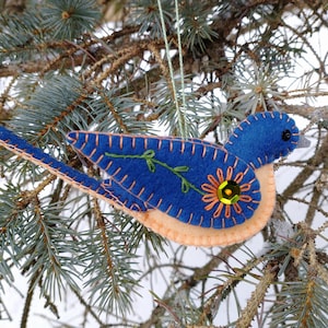 Embroidered wool felt Eastern bluebird ornament with sequin and bead embellishments image 2