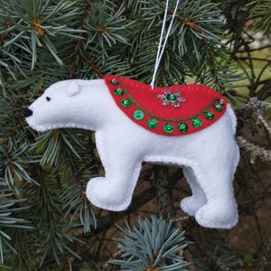 Wool Felt Polar Bear Ornament Embroidered and Embellished with sequins and beads