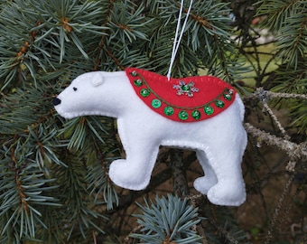 Wool Felt Polar Bear Ornament Embroidered and Embellished with sequins and beads