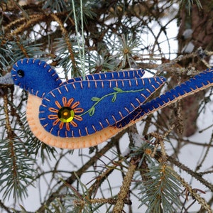 Embroidered wool felt Eastern bluebird ornament with sequin and bead embellishments image 4