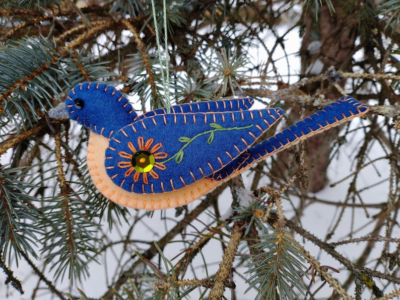 Embroidered wool felt Eastern bluebird ornament with sequin and bead embellishments image 4