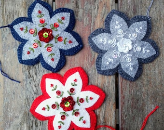 PDF Download Scandinavian Folk Art Style Poinsettia, or Snowflake Ornament Sewing Pattern