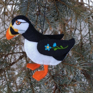 Puffin Ornament Made From Merino Wool Felt with embroidery and beads