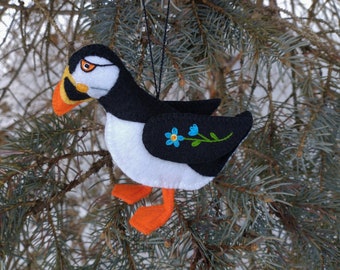 Puffin Ornament Made From Merino Wool Felt with embroidery and beads