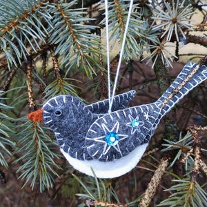 Merino Wool Felt Junco Bird Ornament Embroidered and Embellished with Beads and Sequins