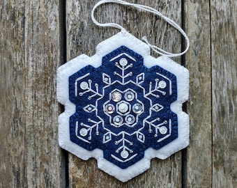 Blue and White Bead and Sequin Embroidered Scandinavian Folk Art Snowflake Ornament