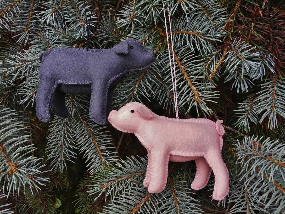 Wool Felt Pig Ornament, Pink Piglet Ornament, Charcoal Gray Pig