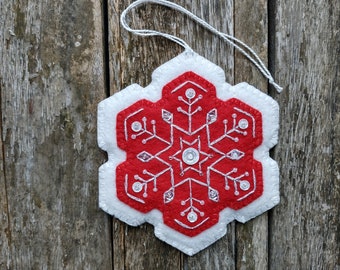 Red and White Bead and Sequin Embroidered Scandinavian Folk Art Snowflake Ornament