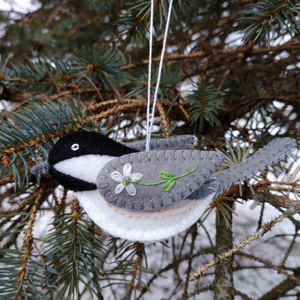 Wool Felt Black Capped Chickadee Ornament with Embroidered and Embellished Wings