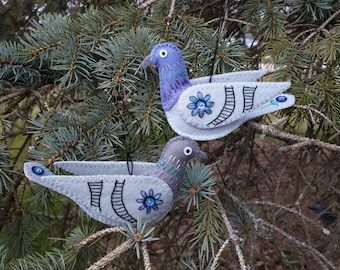 Pigeon, Rock Dove Ornament made from Gray and Lavender Merino Wool Felt with Embroidered Wings Embellished with Sequins