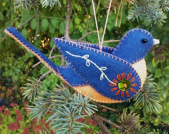 Embroidered wool felt Eastern bluebird ornament with sequin and bead embellishments