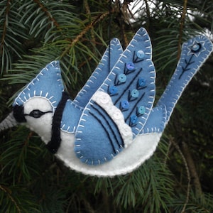 Wool Felt Blue Jay Ornament, Embroidered Blue Jay Ornament, Blue Jay Art,
