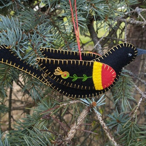 May include: A black felt bird ornament with yellow, red, and green embroidered details. The bird is hanging from a branch of a pine tree.