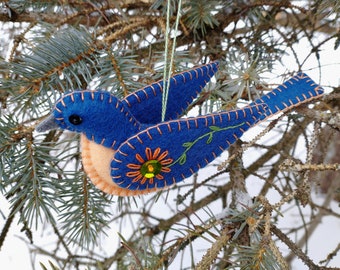 Embroidered wool felt Eastern bluebird ornament with sequin and bead embellishments