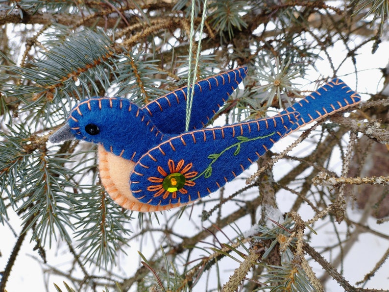 Embroidered wool felt Eastern bluebird ornament with sequin and bead embellishments image 1