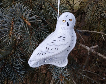 Embroidered Merino Wool Felt Snowy Owl Ornament