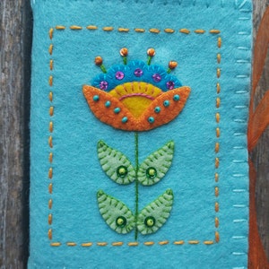 Orange and Turquoise Folk Art Flower Needle Book Made from Robins Egg Blue Merino Wool Felt image 4