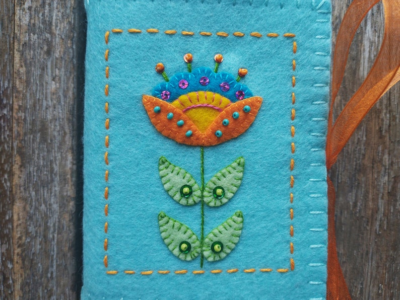 Orange and Turquoise Folk Art Flower Needle Book Made from Robins Egg Blue Merino Wool Felt image 4