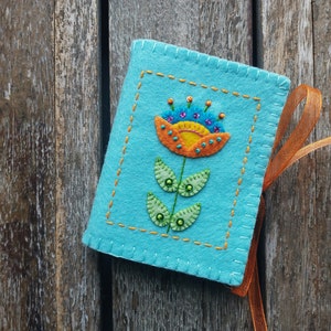 Orange and Turquoise Folk Art Flower Needle Book Made from Robins Egg Blue Merino Wool Felt image 3