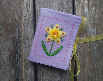 Purple and Light Yellow Folk Art Flower Needle Book Made from  Light Purple Merino Wool Felt