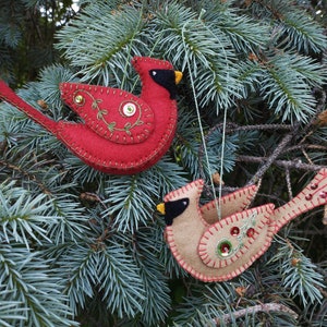 Sewing pattern download for a felt male and female northern cardinal ornament