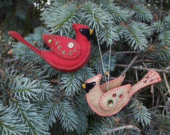 Sewing pattern download for a felt male and female northern cardinal ornament