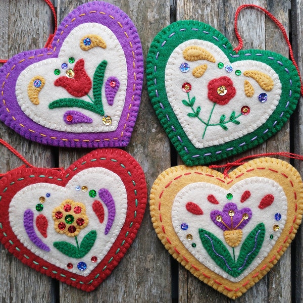 Valentine Folk Art Appliqued Wool Heart Ornament Sewing Pattern PDF Download