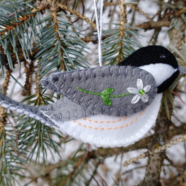 Sewing Pattern download for a Wool Felt Black-capped Chickadee Ornament