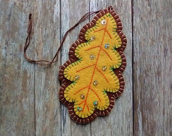 Wool Felt Gold and Brown Autumn Oak Leaf Ornament: Embroidery, Sequins, Beads