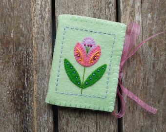 Green and Pink Folk Art Flower Needle Book Made from Pale Green Merino Wool Felt