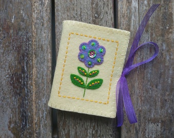 Yellow and Purple Folk Art Flower Needle Book Made from Pale Yellow Merino Wool Felt