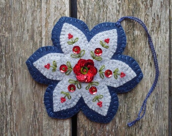 blue and Gray Hand Embroidered Wool Felt Flower Ornament: Scandinavian Design