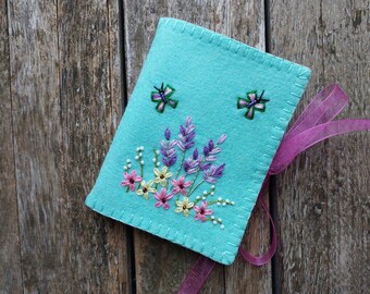 Robins egg blue merino wool needle book with cover embroidered with flowers