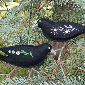 May include: Two black felt bird ornaments with white embroidered details and gray beaks hang from a tree branch. One bird has a floral design, the other has a starburst design. The birds are hanging from a black string.