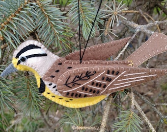 Western Meadowlark Ornament made from 100% merino wool felt with embroidered and beaded details