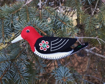 Wool Felt Red-headed Woodpecker ornament, Folk Art Bird Ornament