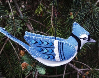 Sewing Pattern for Felt Blue Jay Ornament as a PDF download