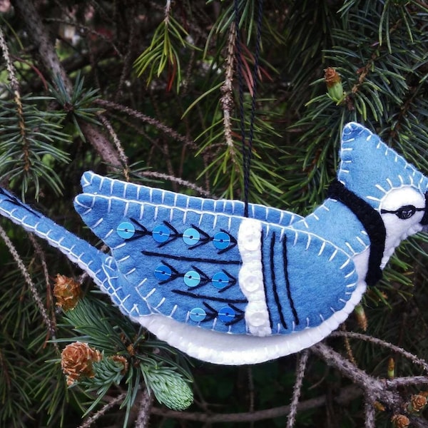Sewing Pattern for Felt Blue Jay Ornament as a PDF download
