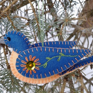 Embroidered wool felt Eastern bluebird ornament with sequin and bead embellishments image 3