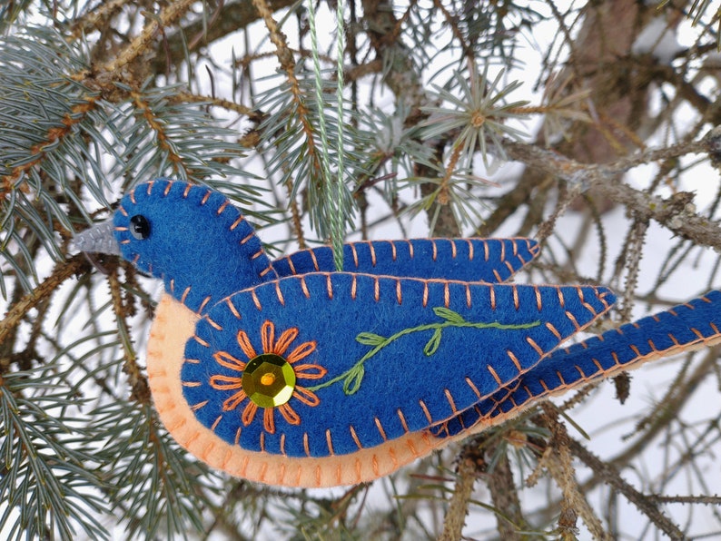 Embroidered wool felt Eastern bluebird ornament with sequin and bead embellishments image 3