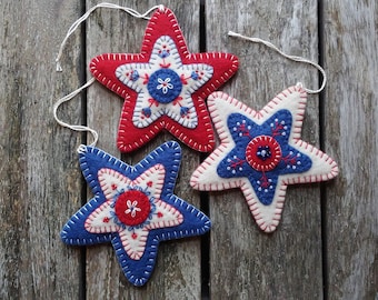 Red white and blue felt Americana folk art star ornaments