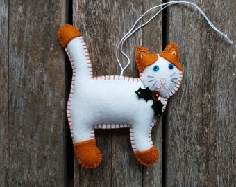 Orange and White Cat Ornament Made From Merino Wool Felt