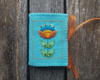 Orange and Turquoise Folk Art Flower Needle Book Made from  Robins Egg Blue Merino Wool Felt