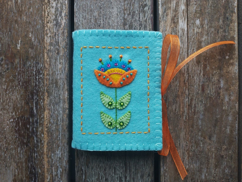 Orange and Turquoise Folk Art Flower Needle Book Made from Robins Egg Blue Merino Wool Felt image 1