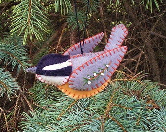 Red Breasted Nuthatch. Felt Bird, Wool Felt Nuthatch Ornament, Embroidered Bird Ornament, Folk Art Bird