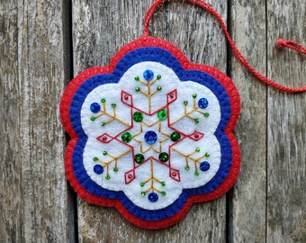 Red, Blue, and White Bead and Sequin Embroidered Scandinavian Folk Art Snowflake Ornament