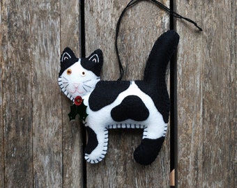 Merino wool felt black and white cat ornament hand appliqued and embroidered
