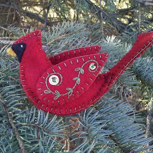 Wool Felt Male Cardinal Ornament: Hand-stitched Christmas Bird
