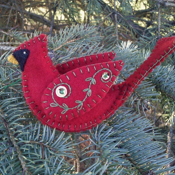 Wool Felt Male Cardinal Ornament: Hand-stitched Christmas Bird
