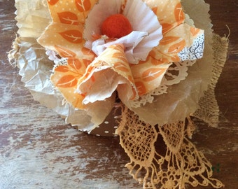 Quilt Scrap Floral * Farm Girl Floral * OOAK Floral * Prop * Cupcake paper * Small Floral in Tin * Vintage Wedding Decor *CardsinStock